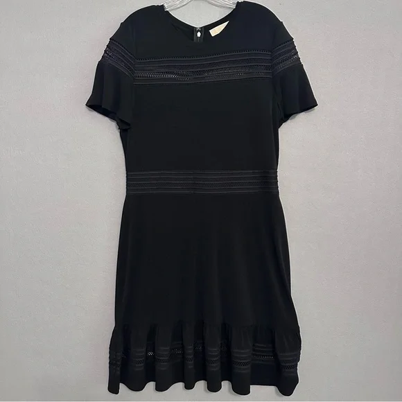 Michael Kors Black A-Line Dress Short Sleeve Ruffle Hem Crew Neck Mesh Insets XL - Picture 2 of 11